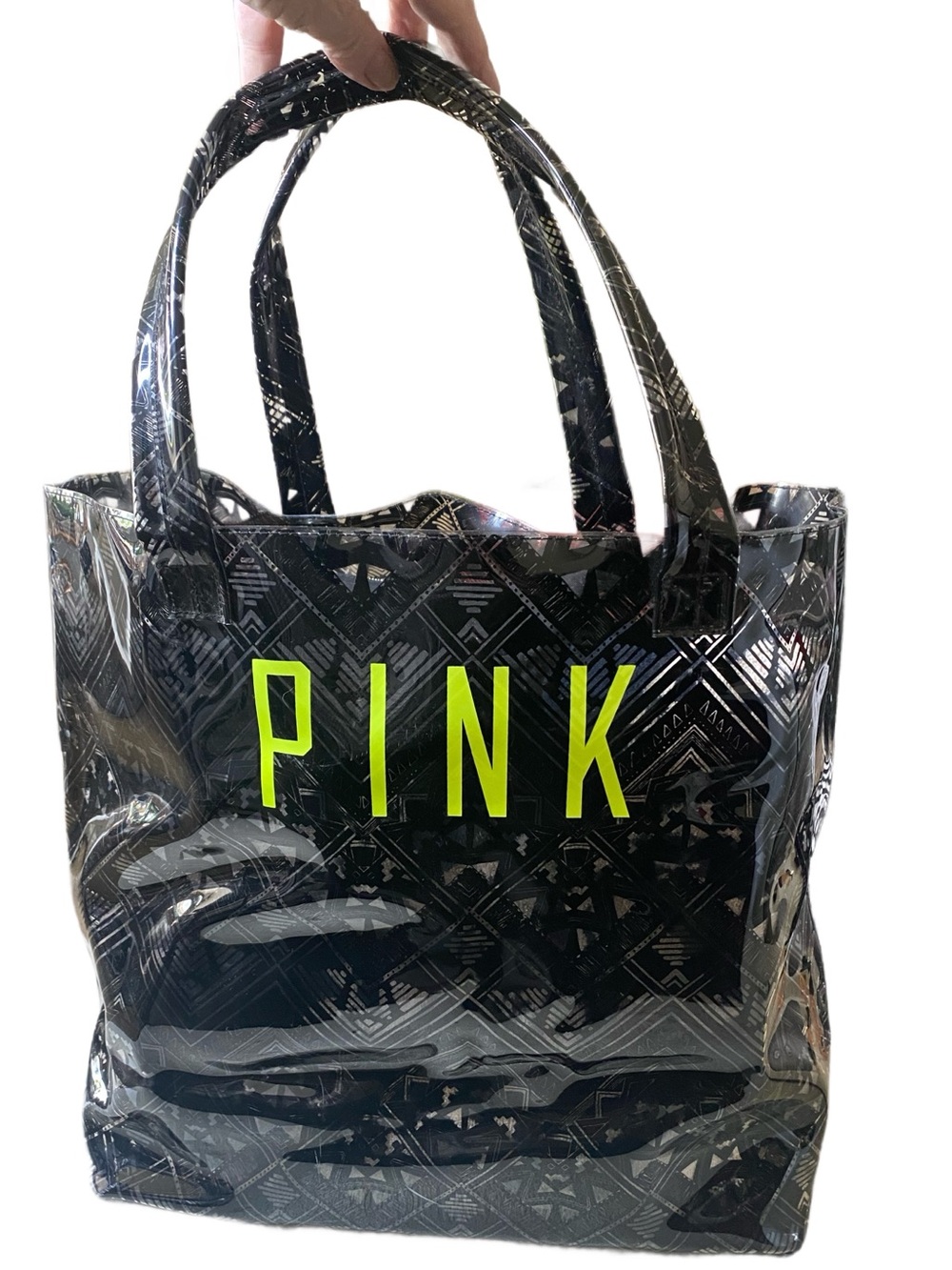 PINK Victoria's Secret Black Printed Clear Tote with Neon Yellow Logo